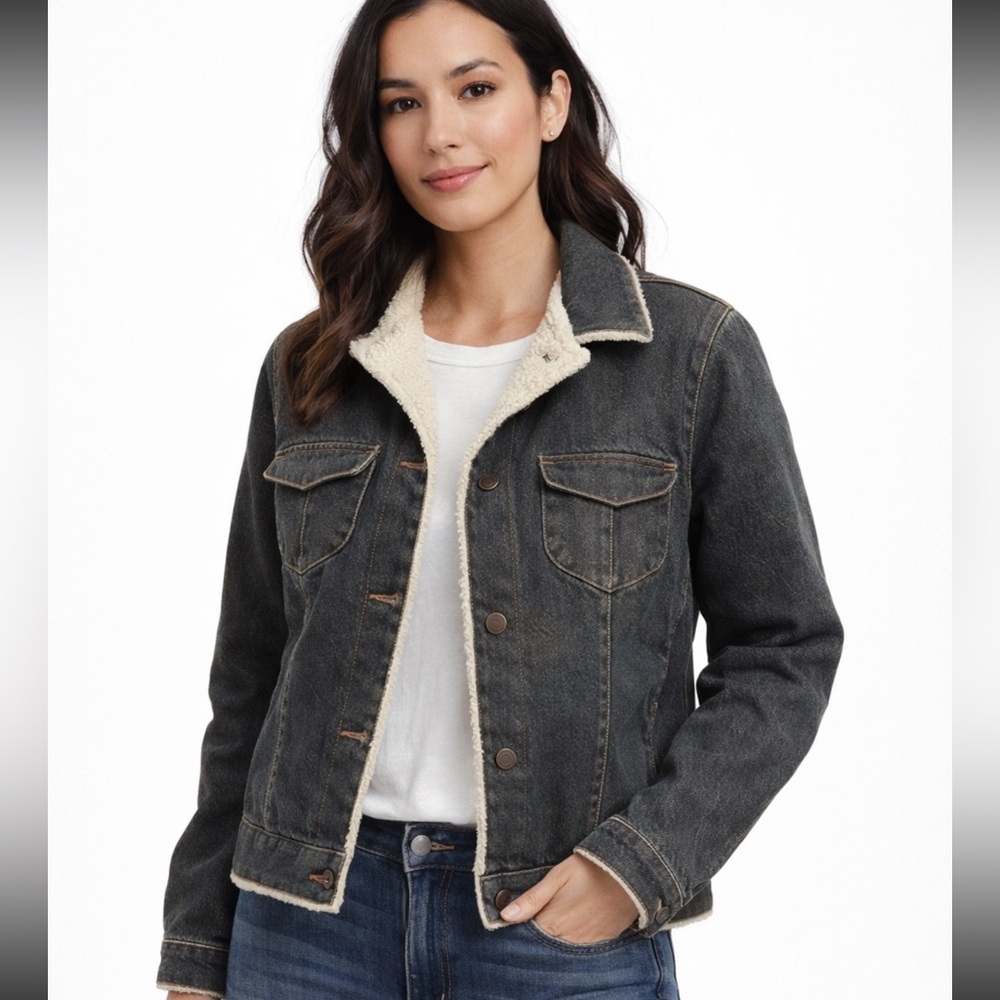 LOFT Dark Denim, Sherpa-lined, fitted thick jacket, with button down closure